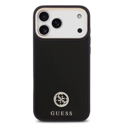 iPhone 17 Pro Max Kılıf Guess Orjinal Lisanslı M-safe Şarj Özellikli Grained Yazı ve Taşlı 4G Logolu Kapak