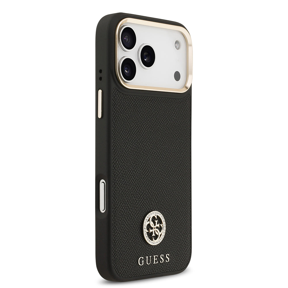 iPhone 17 Pro Max Kılıf Guess Orjinal Lisanslı M-safe Şarj Özellikli Grained Yazı ve Taşlı 4G Logolu Kapak