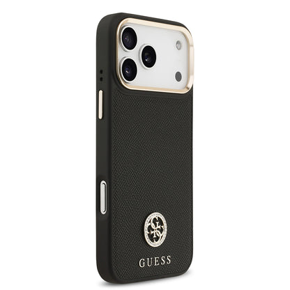 iPhone 17 Pro Max Kılıf Guess Orjinal Lisanslı M-safe Şarj Özellikli Grained Yazı ve Taşlı 4G Logolu Kapak