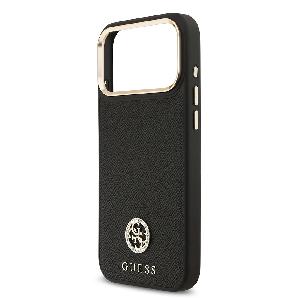 iPhone 17 Pro Max Kılıf Guess Orjinal Lisanslı M-safe Şarj Özellikli Grained Yazı ve Taşlı 4G Logolu Kapak