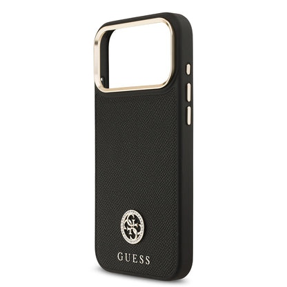 iPhone 17 Pro Max Kılıf Guess Orjinal Lisanslı M-safe Şarj Özellikli Grained Yazı ve Taşlı 4G Logolu Kapak