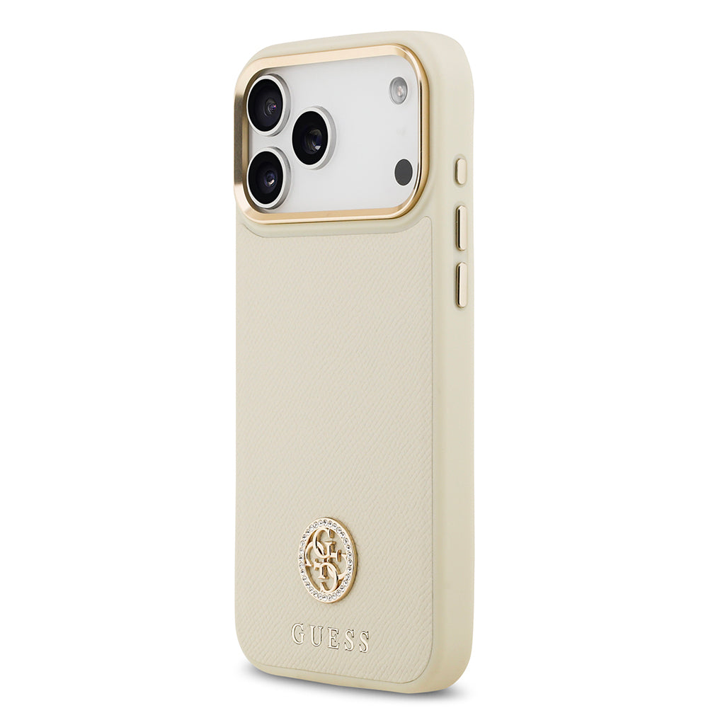iPhone 17 Pro Max Kılıf Guess Orjinal Lisanslı M-safe Şarj Özellikli Grained Yazı ve Taşlı 4G Logolu Kapak