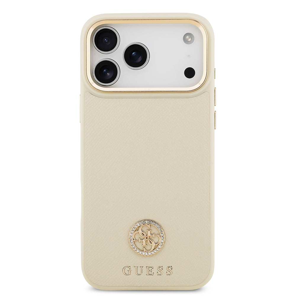 iPhone 17 Pro Max Kılıf Guess Orjinal Lisanslı M-safe Şarj Özellikli Grained Yazı ve Taşlı 4G Logolu Kapak