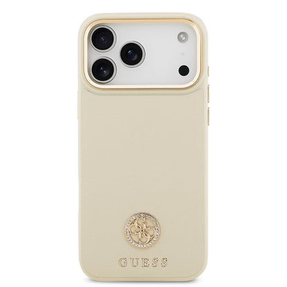 iPhone 17 Pro Max Kılıf Guess Orjinal Lisanslı M-safe Şarj Özellikli Grained Yazı ve Taşlı 4G Logolu Kapak