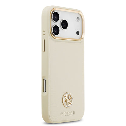 iPhone 17 Pro Max Kılıf Guess Orjinal Lisanslı M-safe Şarj Özellikli Grained Yazı ve Taşlı 4G Logolu Kapak