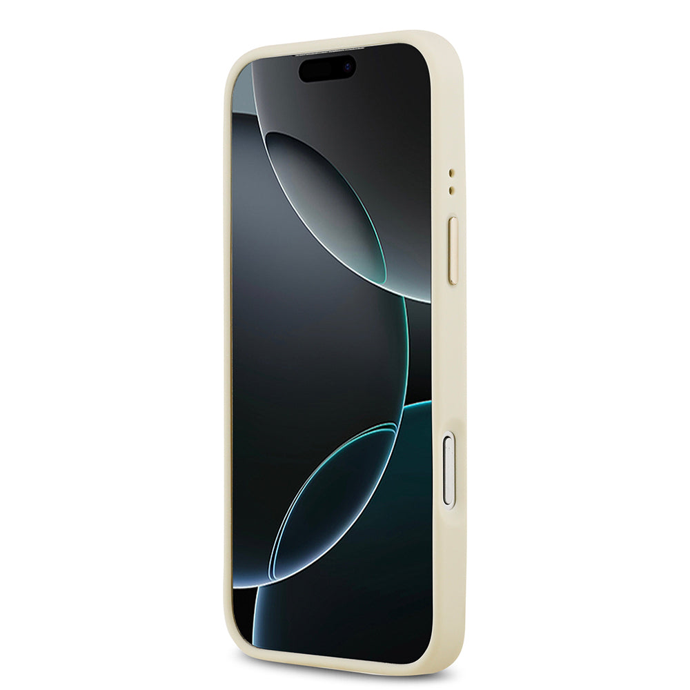 iPhone 17 Pro Max Kılıf Guess Orjinal Lisanslı M-safe Şarj Özellikli Grained Yazı ve Taşlı 4G Logolu Kapak