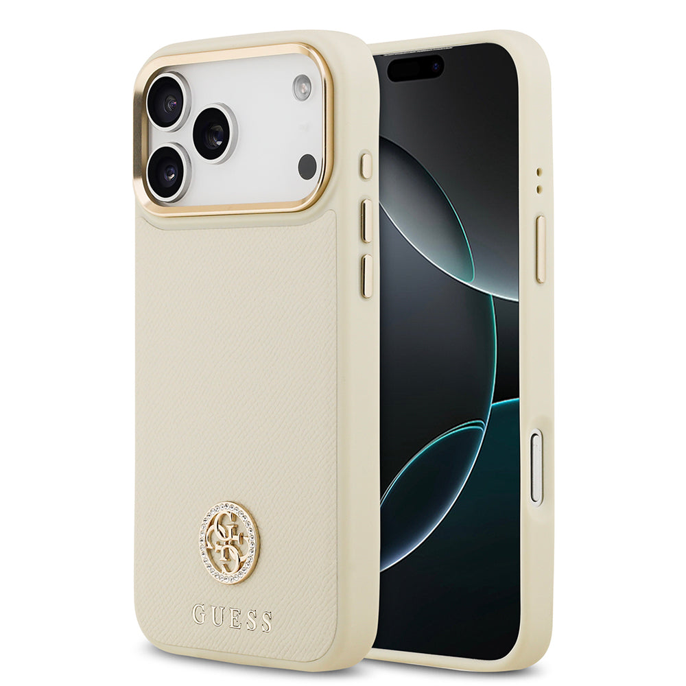 iPhone 17 Pro Max Kılıf Guess Orjinal Lisanslı M-safe Şarj Özellikli Grained Yazı ve Taşlı 4G Logolu Kapak