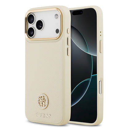 iPhone 17 Pro Max Kılıf Guess Orjinal Lisanslı M-safe Şarj Özellikli Grained Yazı ve Taşlı 4G Logolu Kapak