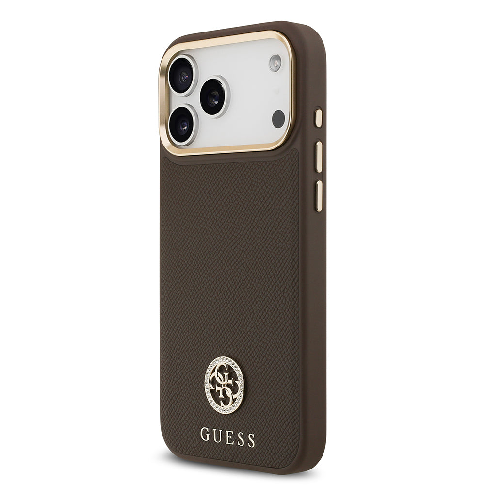 iPhone 17 Pro Max Kılıf Guess Orjinal Lisanslı M-safe Şarj Özellikli Grained Yazı ve Taşlı 4G Logolu Kapak