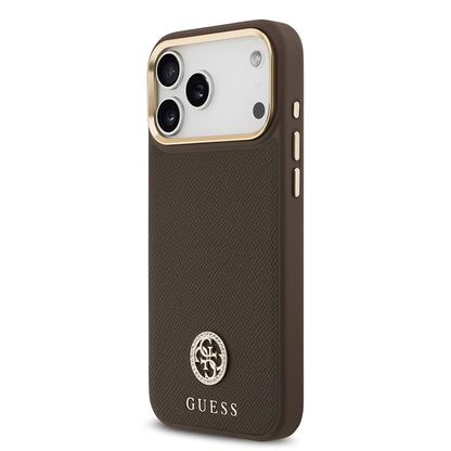 iPhone 17 Pro Max Kılıf Guess Orjinal Lisanslı M-safe Şarj Özellikli Grained Yazı ve Taşlı 4G Logolu Kapak