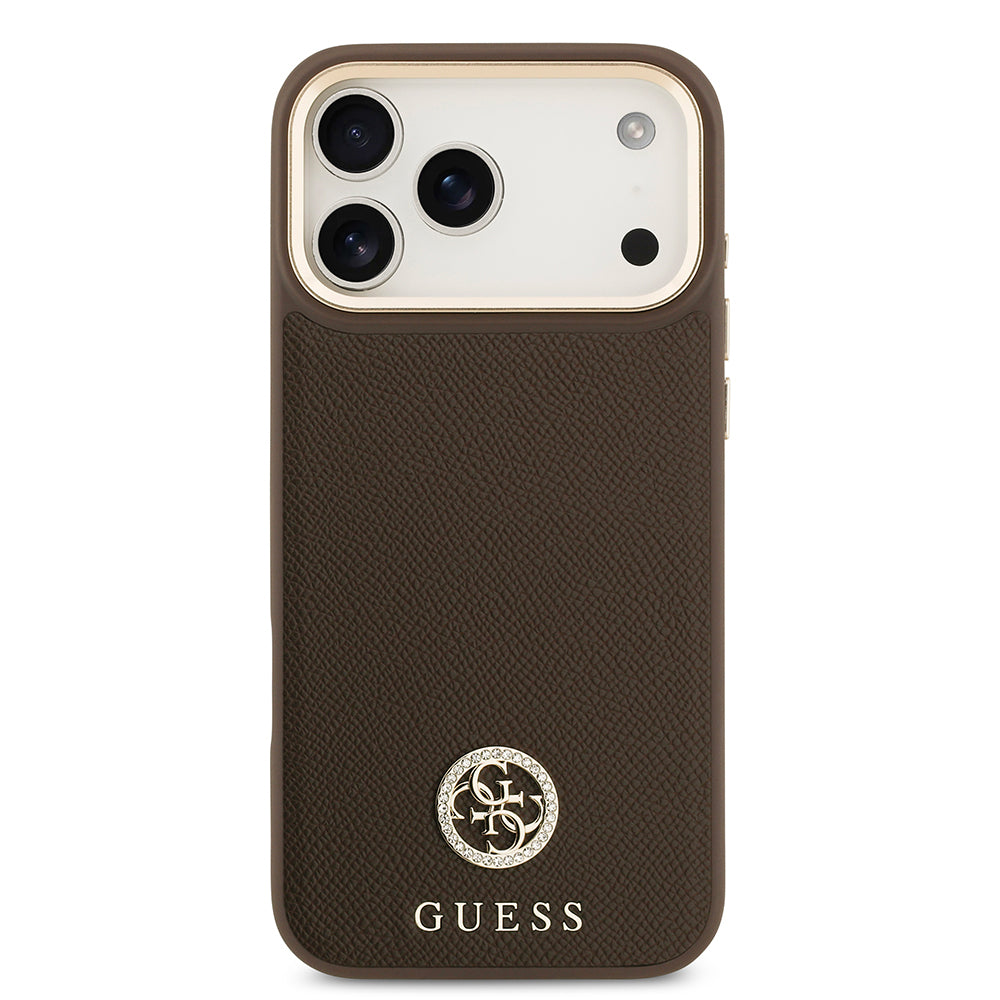 iPhone 17 Pro Max Kılıf Guess Orjinal Lisanslı M-safe Şarj Özellikli Grained Yazı ve Taşlı 4G Logolu Kapak