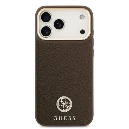 iPhone 17 Pro Max Kılıf Guess Orjinal Lisanslı M-safe Şarj Özellikli Grained Yazı ve Taşlı 4G Logolu Kapak