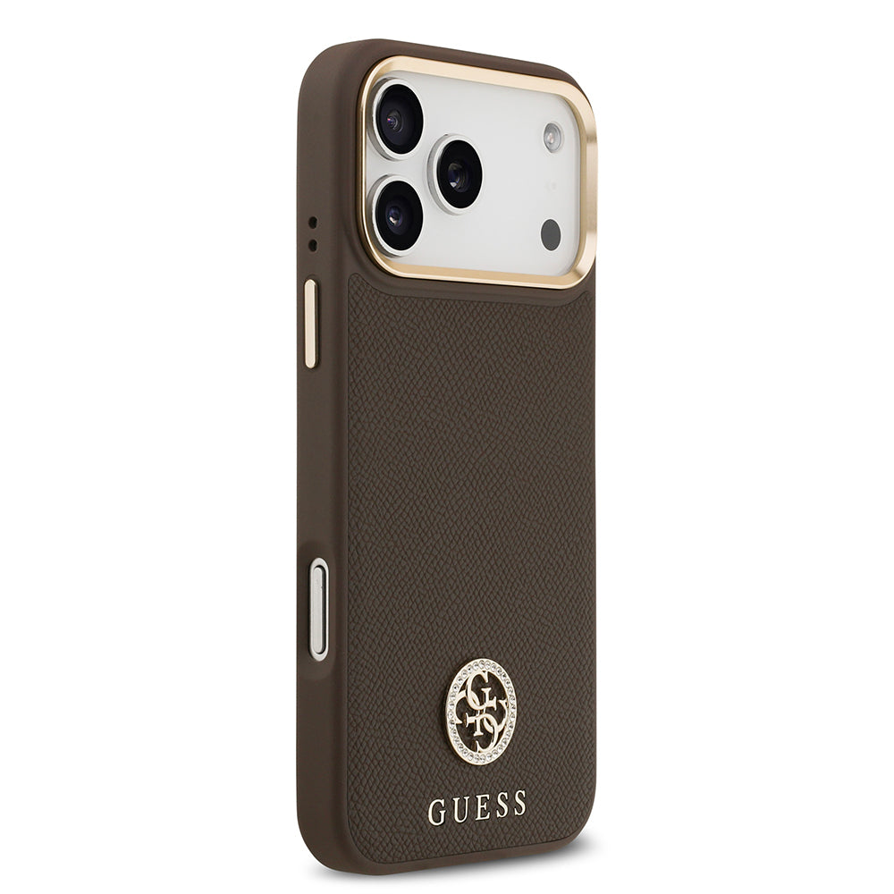 iPhone 17 Pro Max Kılıf Guess Orjinal Lisanslı M-safe Şarj Özellikli Grained Yazı ve Taşlı 4G Logolu Kapak