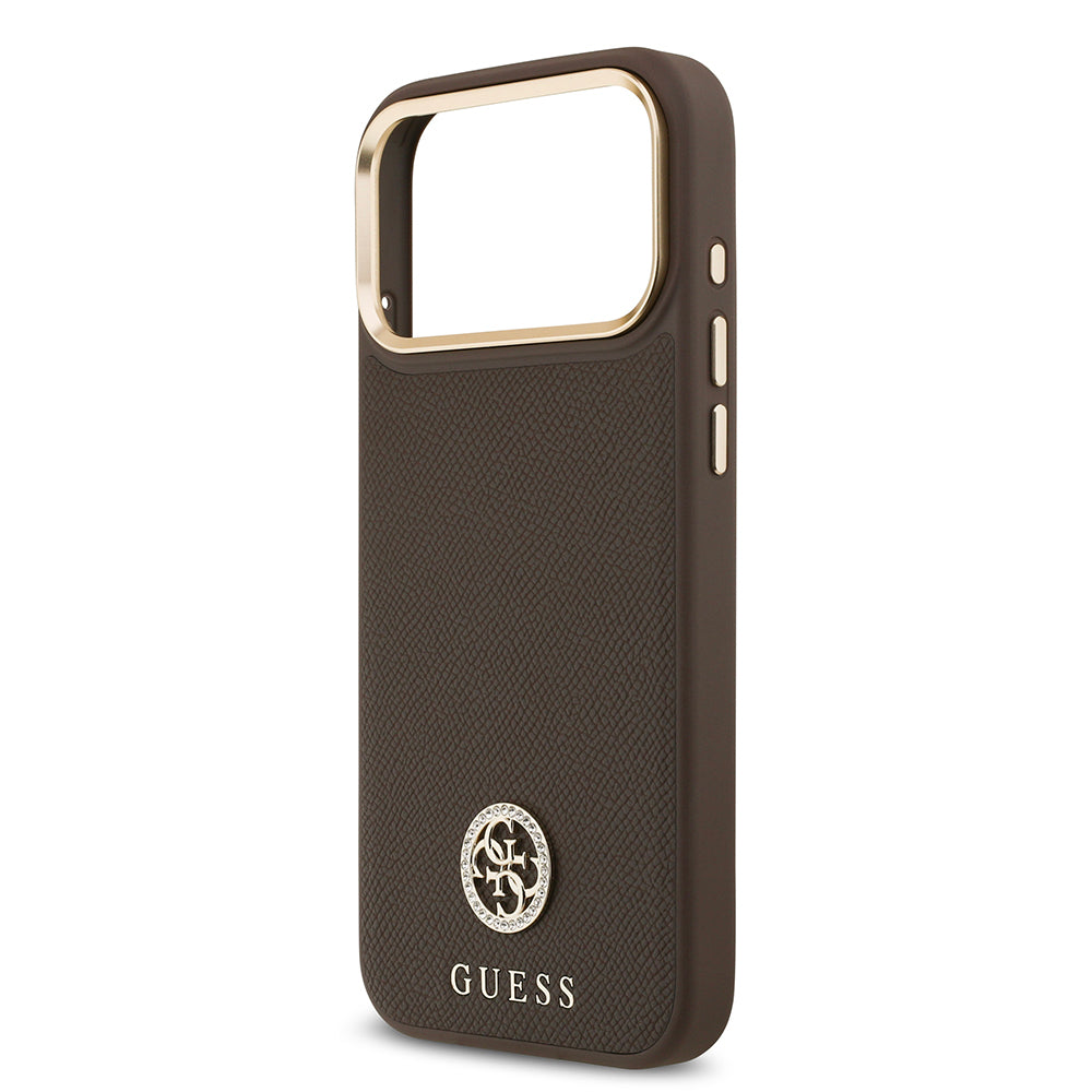 iPhone 17 Pro Max Kılıf Guess Orjinal Lisanslı M-safe Şarj Özellikli Grained Yazı ve Taşlı 4G Logolu Kapak