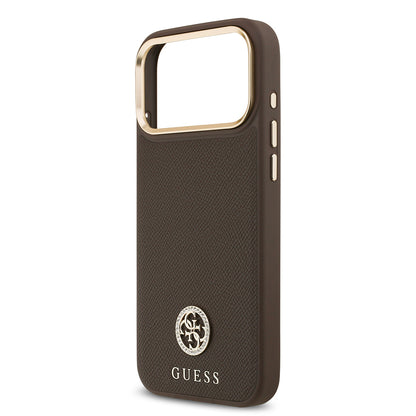 iPhone 17 Pro Max Kılıf Guess Orjinal Lisanslı M-safe Şarj Özellikli Grained Yazı ve Taşlı 4G Logolu Kapak