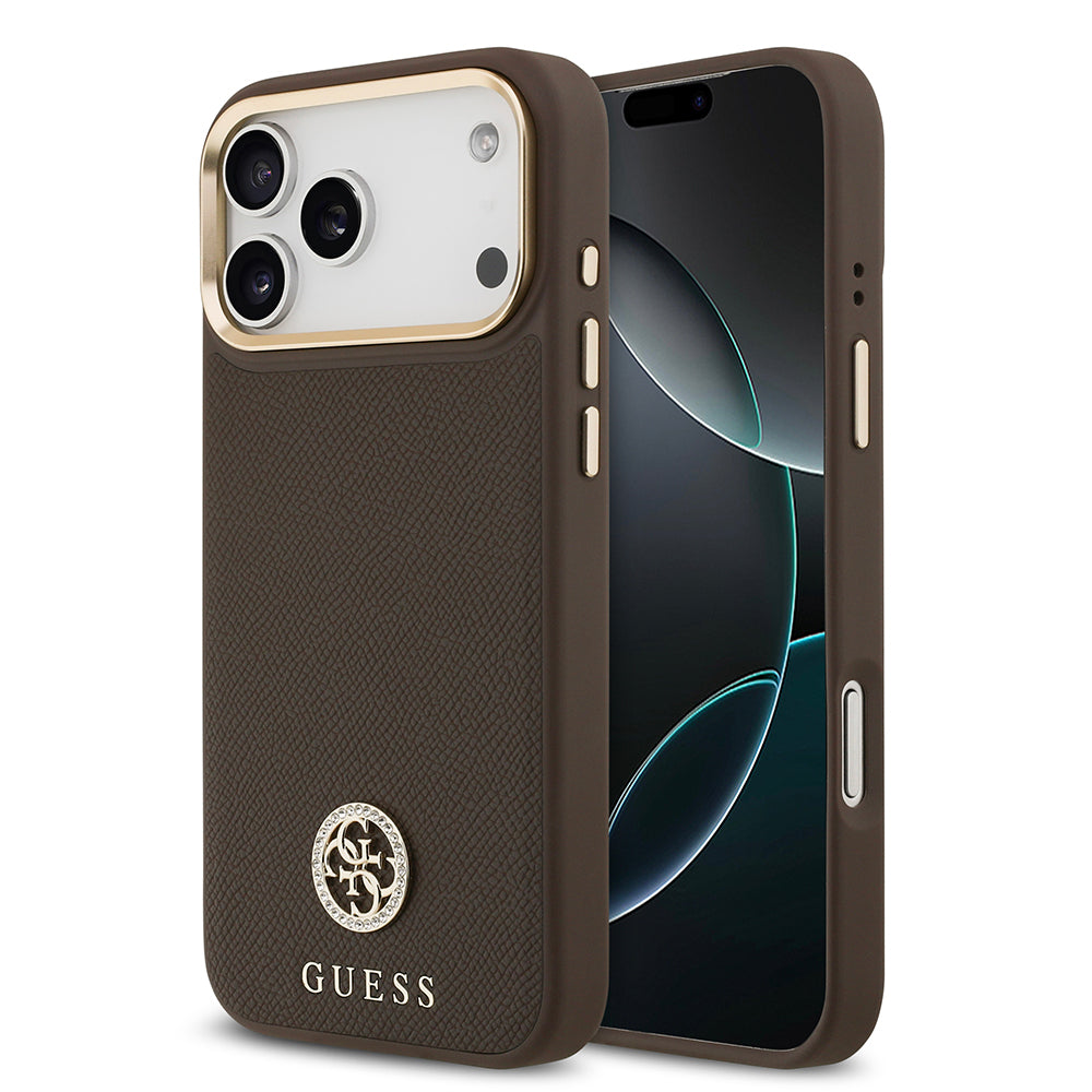 iPhone 17 Pro Max Kılıf Guess Orjinal Lisanslı M-safe Şarj Özellikli Grained Yazı ve Taşlı 4G Logolu Kapak