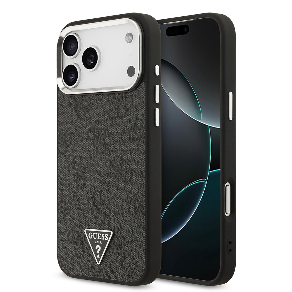 iPhone 17 Pro Max Kılıf Guess Orjinal Lisanslı M-safe Şarj Özellikli Gümüş Metal Kamera Çerçeveli Üçgen Logo 4G Desenli Kapak