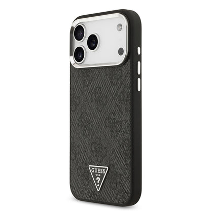 iPhone 17 Pro Max Kılıf Guess Orjinal Lisanslı M-safe Şarj Özellikli Gümüş Metal Kamera Çerçeveli Üçgen Logo 4G Desenli Kapak
