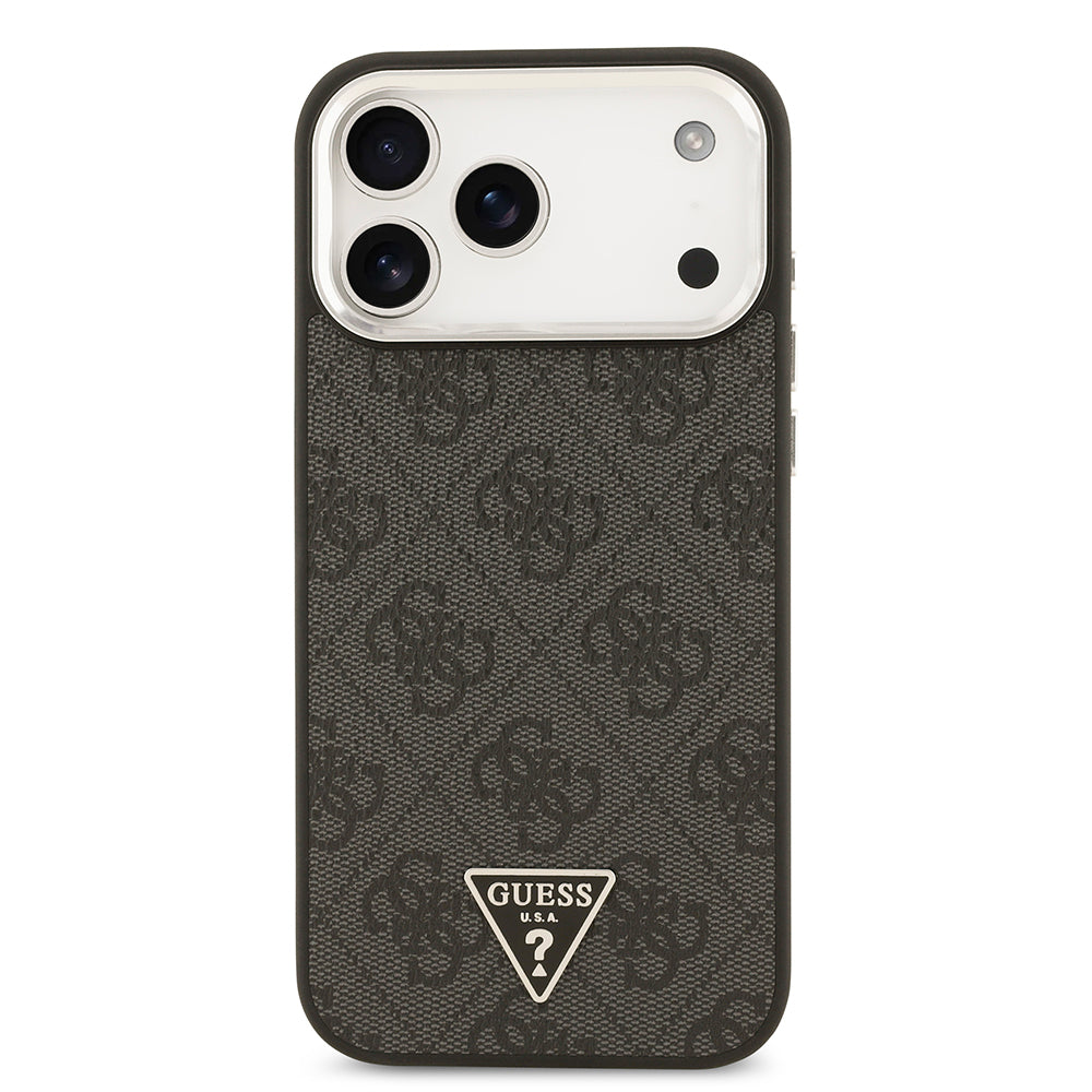 iPhone 17 Pro Max Kılıf Guess Orjinal Lisanslı M-safe Şarj Özellikli Gümüş Metal Kamera Çerçeveli Üçgen Logo 4G Desenli Kapak