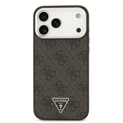 iPhone 17 Pro Max Kılıf Guess Orjinal Lisanslı M-safe Şarj Özellikli Gümüş Metal Kamera Çerçeveli Üçgen Logo 4G Desenli Kapak