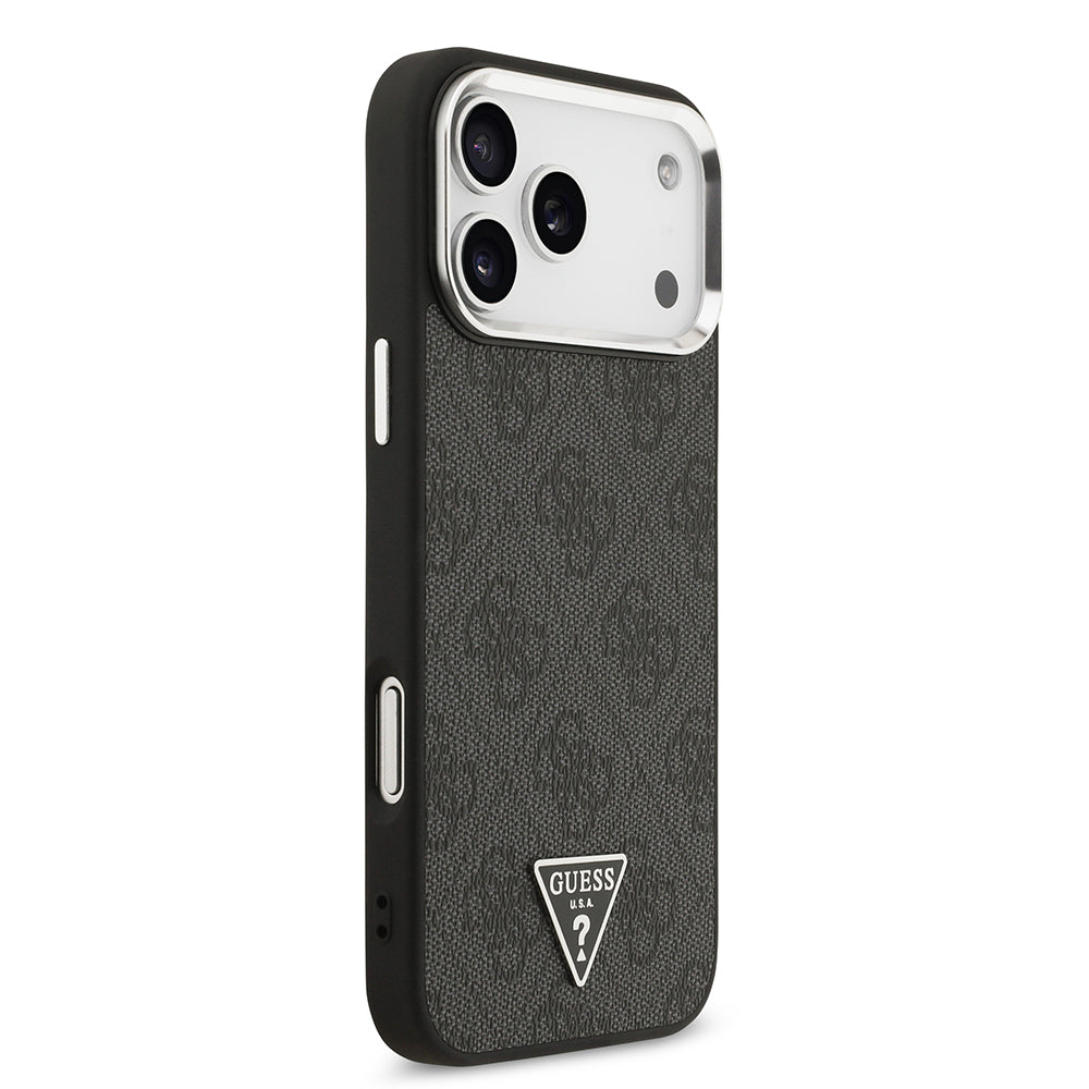 iPhone 17 Pro Max Kılıf Guess Orjinal Lisanslı M-safe Şarj Özellikli Gümüş Metal Kamera Çerçeveli Üçgen Logo 4G Desenli Kapak