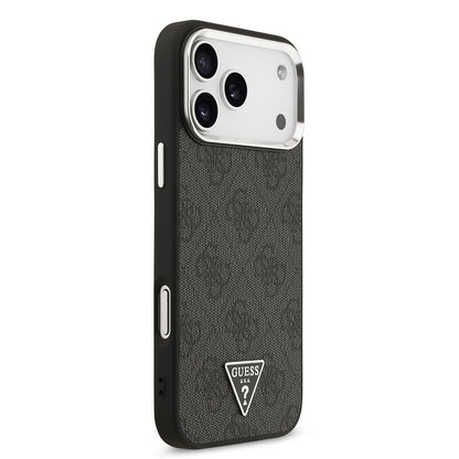 iPhone 17 Pro Max Kılıf Guess Orjinal Lisanslı M-safe Şarj Özellikli Gümüş Metal Kamera Çerçeveli Üçgen Logo 4G Desenli Kapak