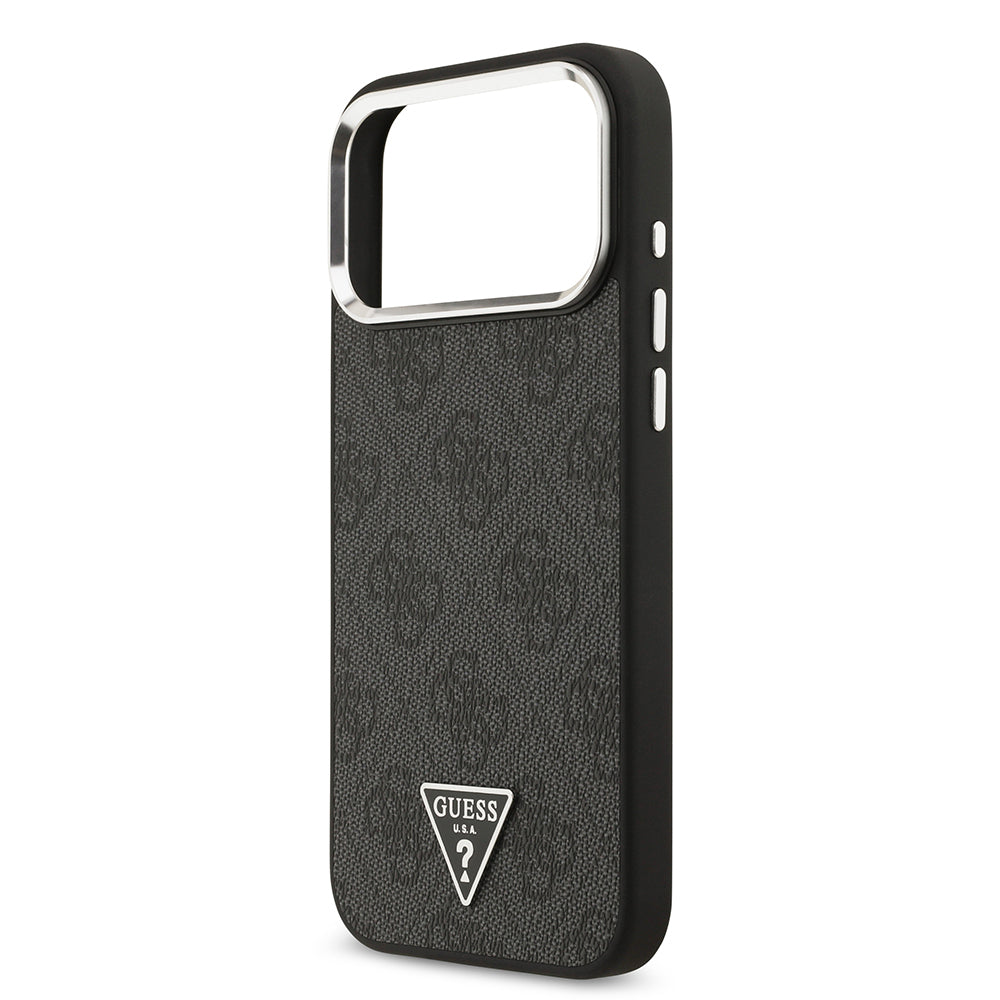 iPhone 17 Pro Max Kılıf Guess Orjinal Lisanslı M-safe Şarj Özellikli Gümüş Metal Kamera Çerçeveli Üçgen Logo 4G Desenli Kapak