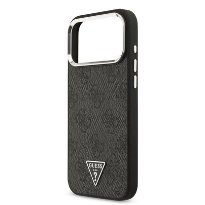 iPhone 17 Pro Max Kılıf Guess Orjinal Lisanslı M-safe Şarj Özellikli Gümüş Metal Kamera Çerçeveli Üçgen Logo 4G Desenli Kapak