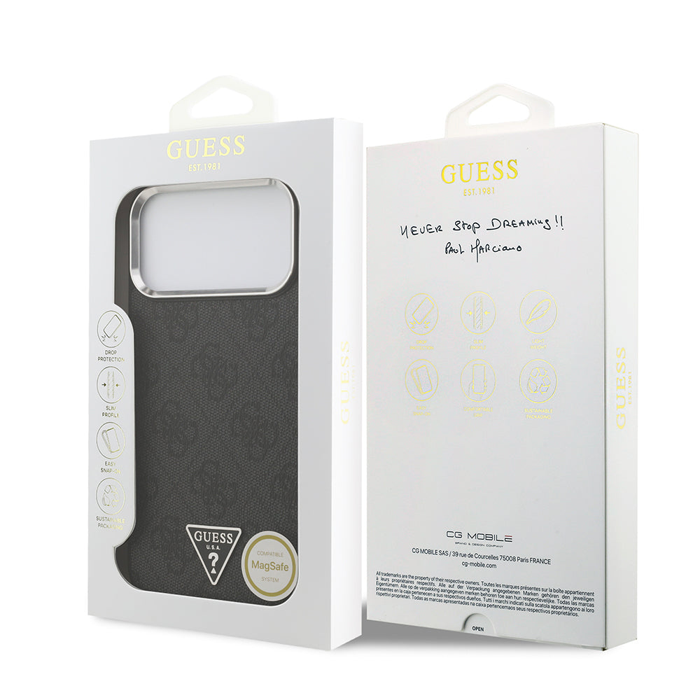 iPhone 17 Pro Max Kılıf Guess Orjinal Lisanslı M-safe Şarj Özellikli Gümüş Metal Kamera Çerçeveli Üçgen Logo 4G Desenli Kapak