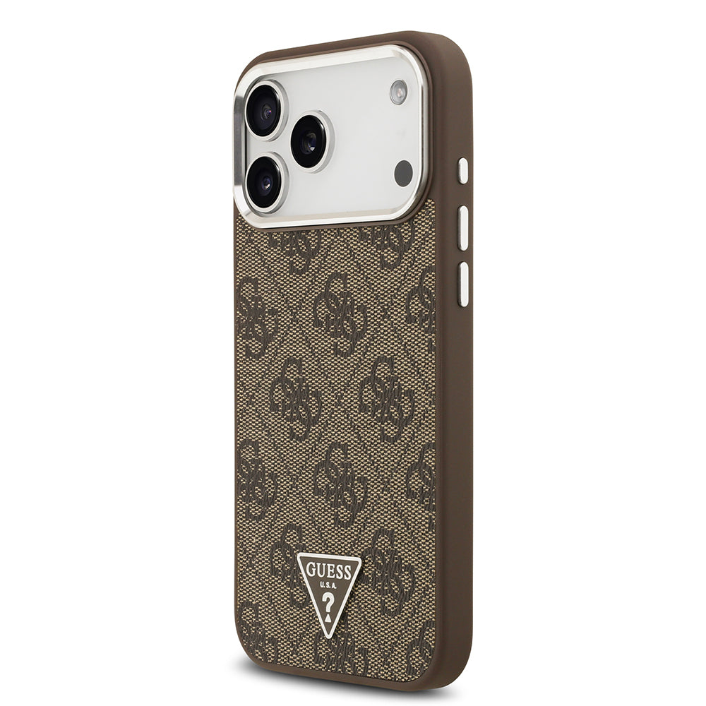 iPhone 17 Pro Max Kılıf Guess Orjinal Lisanslı M-safe Şarj Özellikli Gümüş Metal Kamera Çerçeveli Üçgen Logo 4G Desenli Kapak
