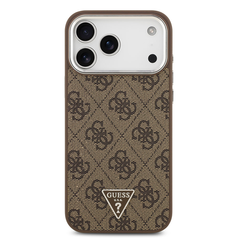 iPhone 17 Pro Max Kılıf Guess Orjinal Lisanslı M-safe Şarj Özellikli Gümüş Metal Kamera Çerçeveli Üçgen Logo 4G Desenli Kapak