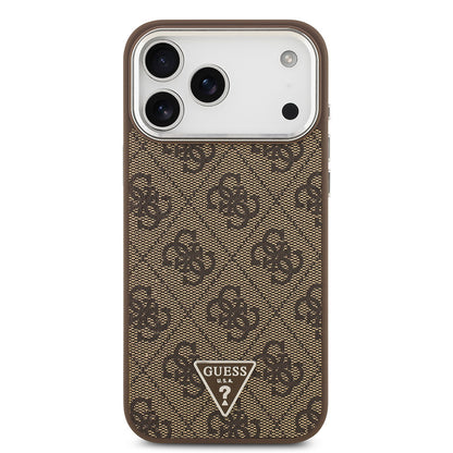 iPhone 17 Pro Max Kılıf Guess Orjinal Lisanslı M-safe Şarj Özellikli Gümüş Metal Kamera Çerçeveli Üçgen Logo 4G Desenli Kapak