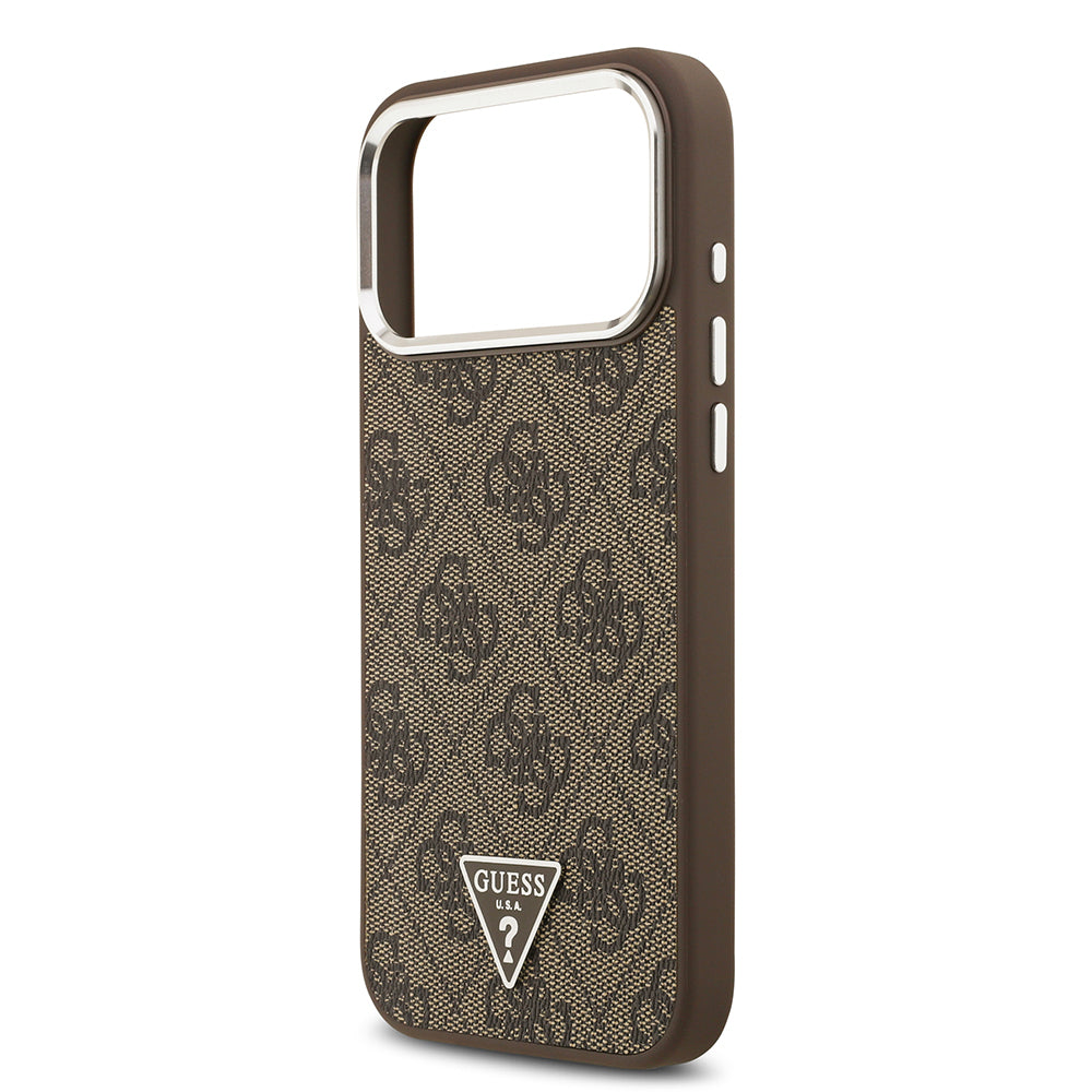 iPhone 17 Pro Max Kılıf Guess Orjinal Lisanslı M-safe Şarj Özellikli Gümüş Metal Kamera Çerçeveli Üçgen Logo 4G Desenli Kapak