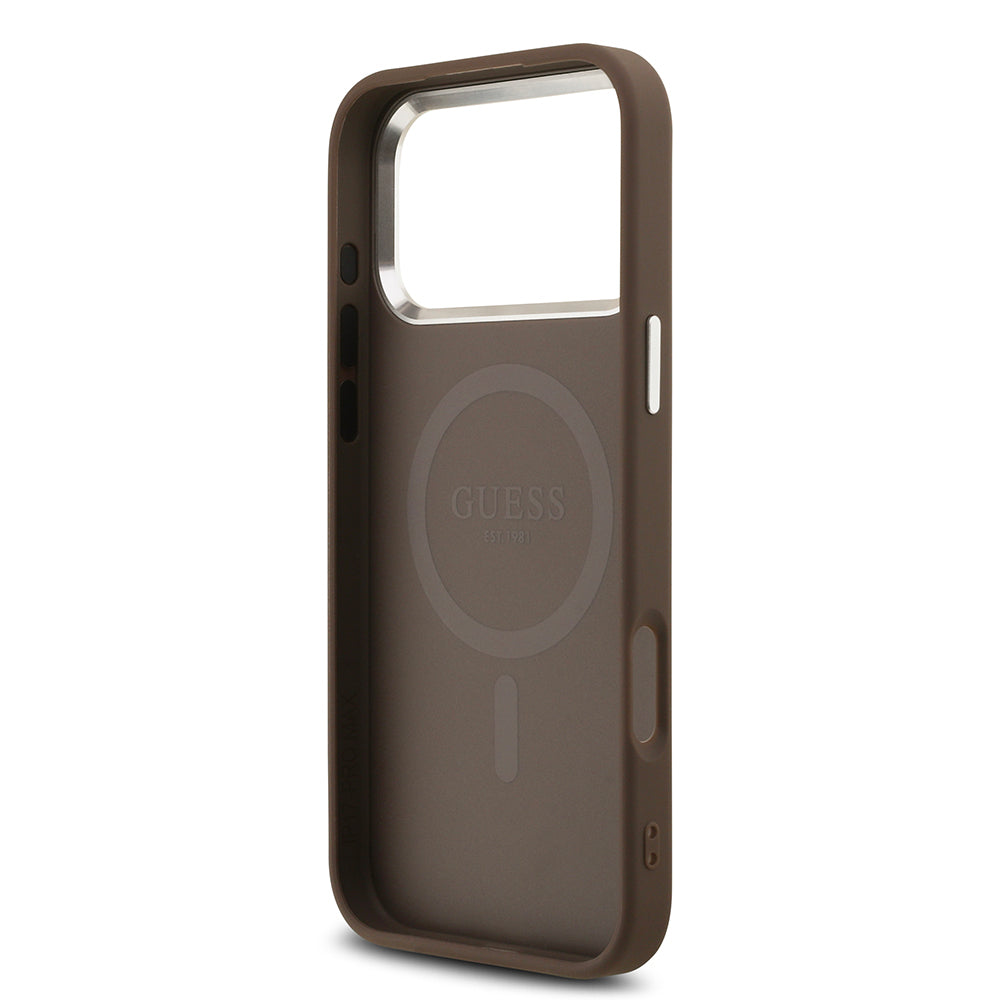 iPhone 17 Pro Max Kılıf Guess Orjinal Lisanslı M-safe Şarj Özellikli Gümüş Metal Kamera Çerçeveli Üçgen Logo 4G Desenli Kapak