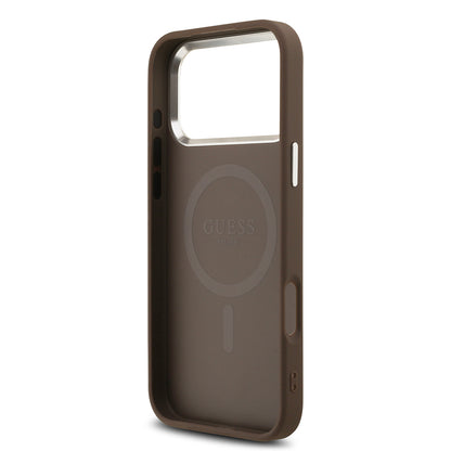 iPhone 17 Pro Max Kılıf Guess Orjinal Lisanslı M-safe Şarj Özellikli Gümüş Metal Kamera Çerçeveli Üçgen Logo 4G Desenli Kapak