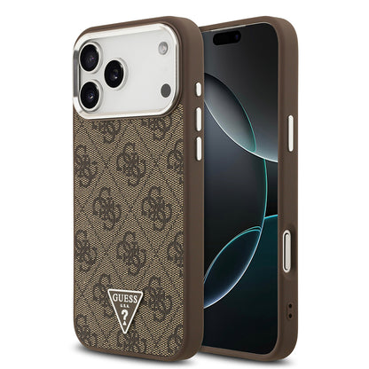 iPhone 17 Pro Max Kılıf Guess Orjinal Lisanslı M-safe Şarj Özellikli Gümüş Metal Kamera Çerçeveli Üçgen Logo 4G Desenli Kapak