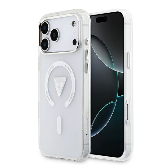 iPhone 17 Pro Max Kılıf Guess Orjinal Lisanslı M-safe Şarj Özellikli IML Baskılı Üçgen Logolu Metal Kamera Çerçeveli Kapak
