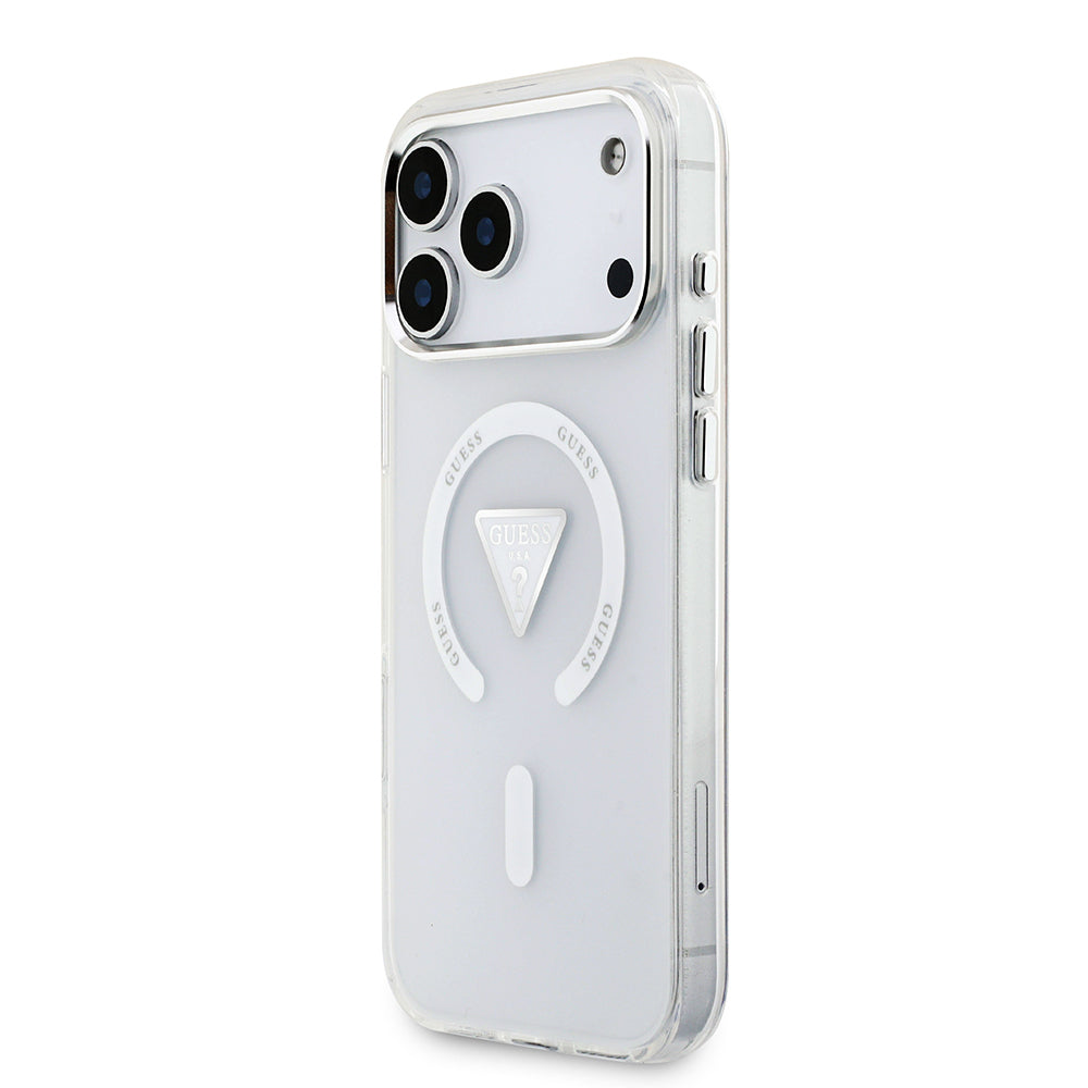 iPhone 17 Pro Max Kılıf Guess Orjinal Lisanslı M-safe Şarj Özellikli IML Baskılı Üçgen Logolu Metal Kamera Çerçeveli Kapak