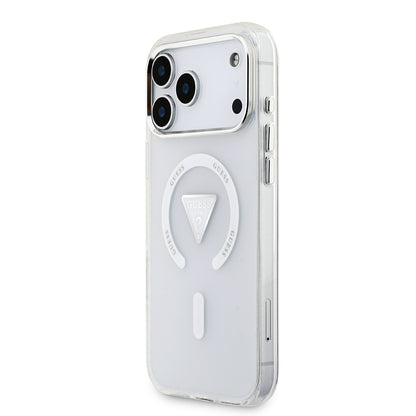 iPhone 17 Pro Max Kılıf Guess Orjinal Lisanslı M-safe Şarj Özellikli IML Baskılı Üçgen Logolu Metal Kamera Çerçeveli Kapak