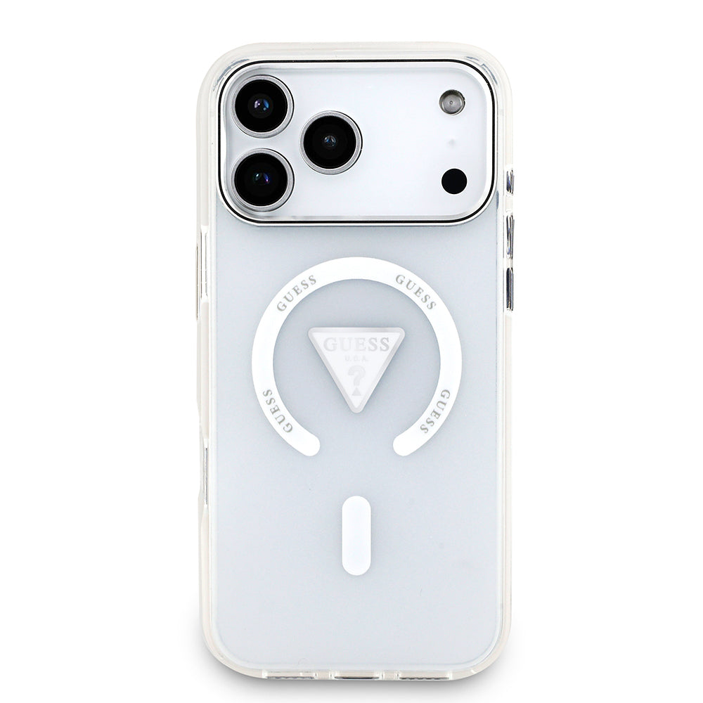 iPhone 17 Pro Max Kılıf Guess Orjinal Lisanslı M-safe Şarj Özellikli IML Baskılı Üçgen Logolu Metal Kamera Çerçeveli Kapak