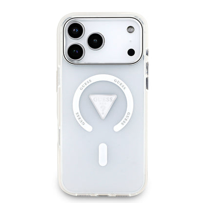 iPhone 17 Pro Max Kılıf Guess Orjinal Lisanslı M-safe Şarj Özellikli IML Baskılı Üçgen Logolu Metal Kamera Çerçeveli Kapak