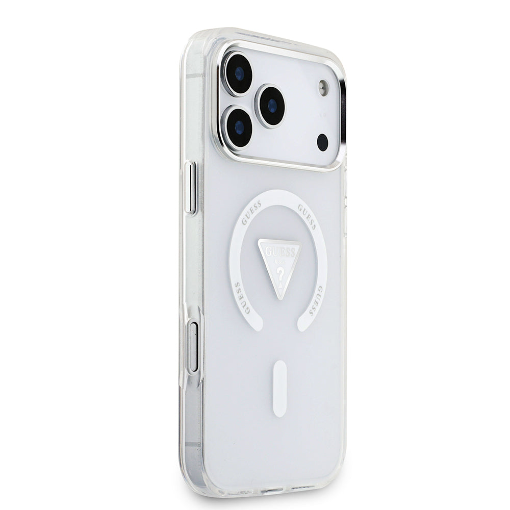 iPhone 17 Pro Max Kılıf Guess Orjinal Lisanslı M-safe Şarj Özellikli IML Baskılı Üçgen Logolu Metal Kamera Çerçeveli Kapak