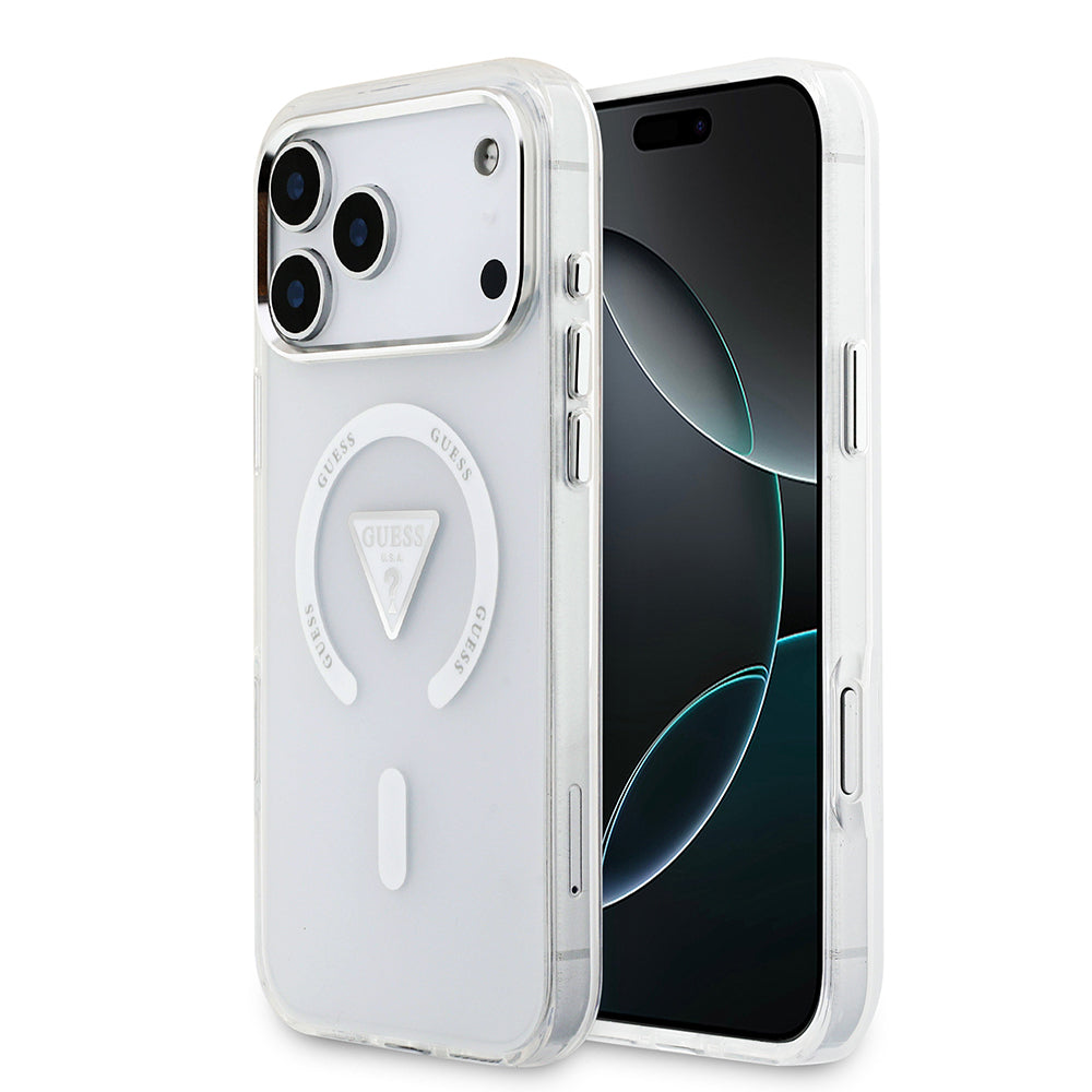 iPhone 17 Pro Max Kılıf Guess Orjinal Lisanslı M-safe Şarj Özellikli IML Baskılı Üçgen Logolu Metal Kamera Çerçeveli Kapak