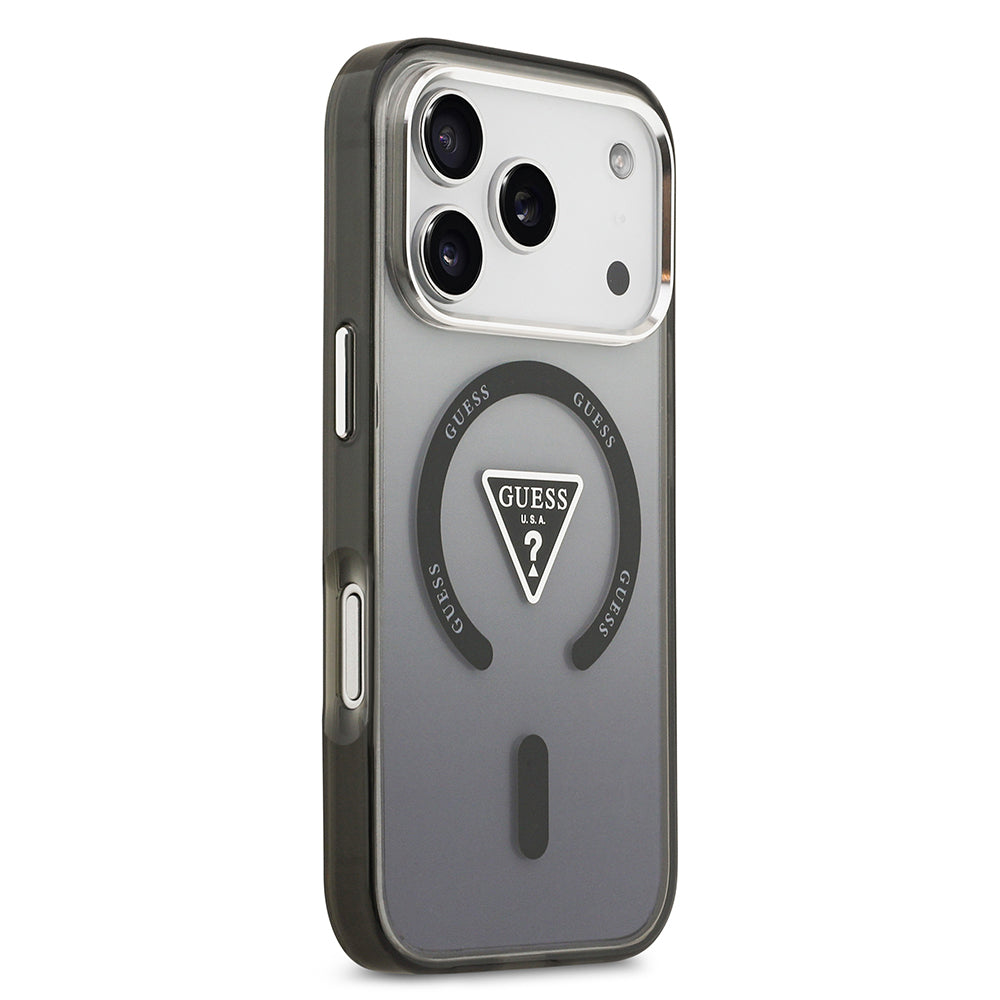 iPhone 17 Pro Max Kılıf Guess Orjinal Lisanslı M-safe Şarj Özellikli IML Baskılı Üçgen Logolu Metal Kamera Çerçeveli Kapak