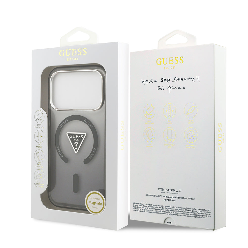 iPhone 17 Pro Max Kılıf Guess Orjinal Lisanslı M-safe Şarj Özellikli IML Baskılı Üçgen Logolu Metal Kamera Çerçeveli Kapak