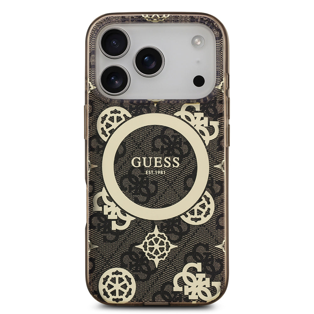 iPhone 17 Pro Max Kılıf Guess Orjinal Lisanslı M-safe Şarj Özellikli IML Peony ve 4G Desenli Klasik Logolu Kapak