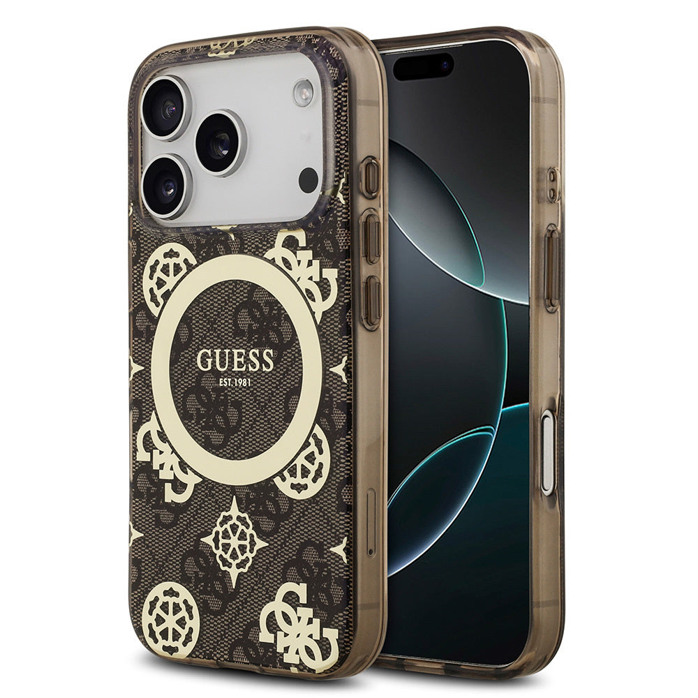 iPhone 17 Pro Max Kılıf Guess Orjinal Lisanslı M-safe Şarj Özellikli IML Peony ve 4G Desenli Klasik Logolu Kapak