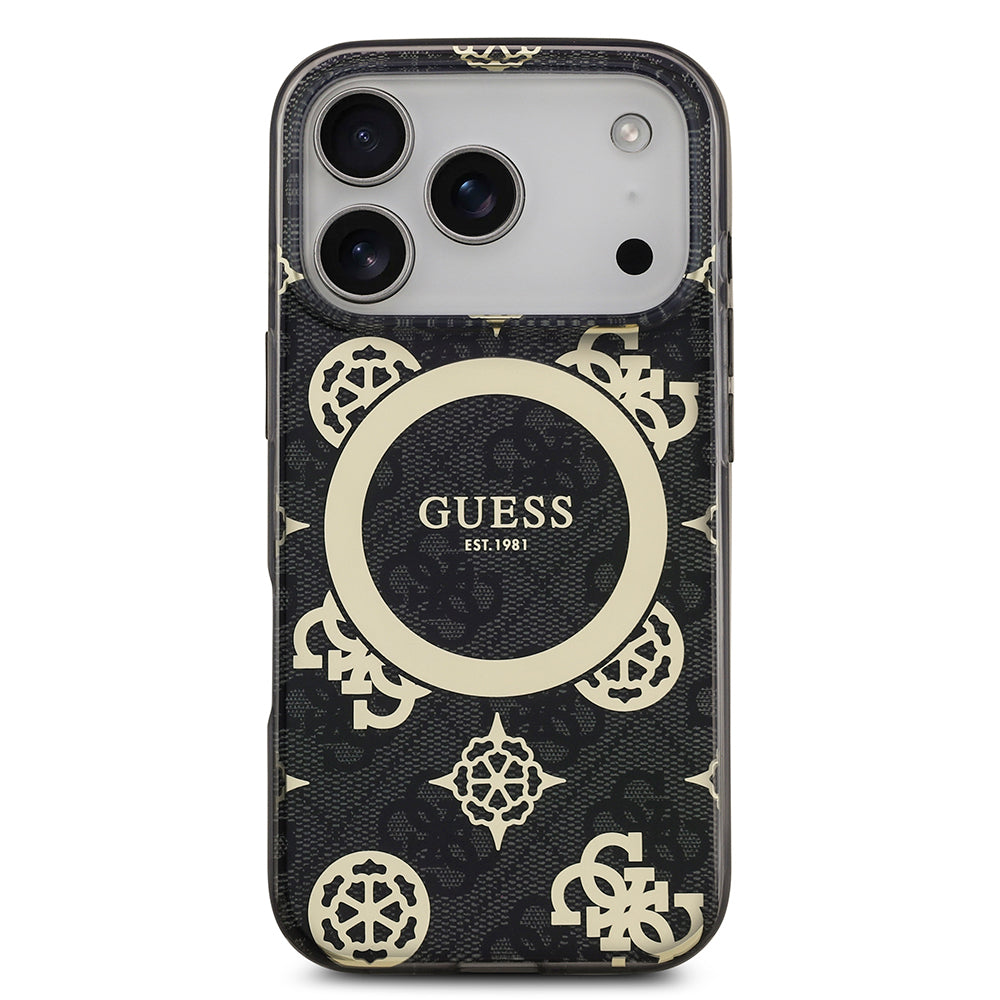 iPhone 17 Pro Max Kılıf Guess Orjinal Lisanslı M-safe Şarj Özellikli IML Peony ve 4G Desenli Klasik Logolu Kapak