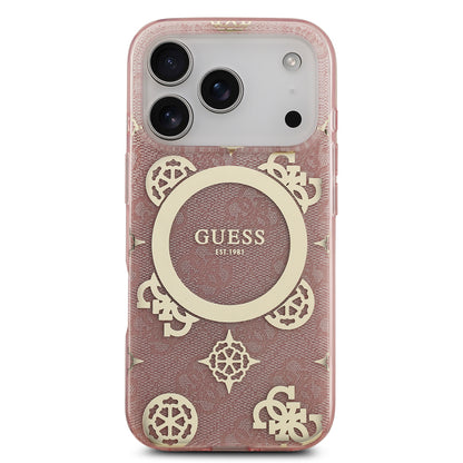 iPhone 17 Pro Max Kılıf Guess Orjinal Lisanslı M-safe Şarj Özellikli IML Peony ve 4G Desenli Klasik Logolu Kapak