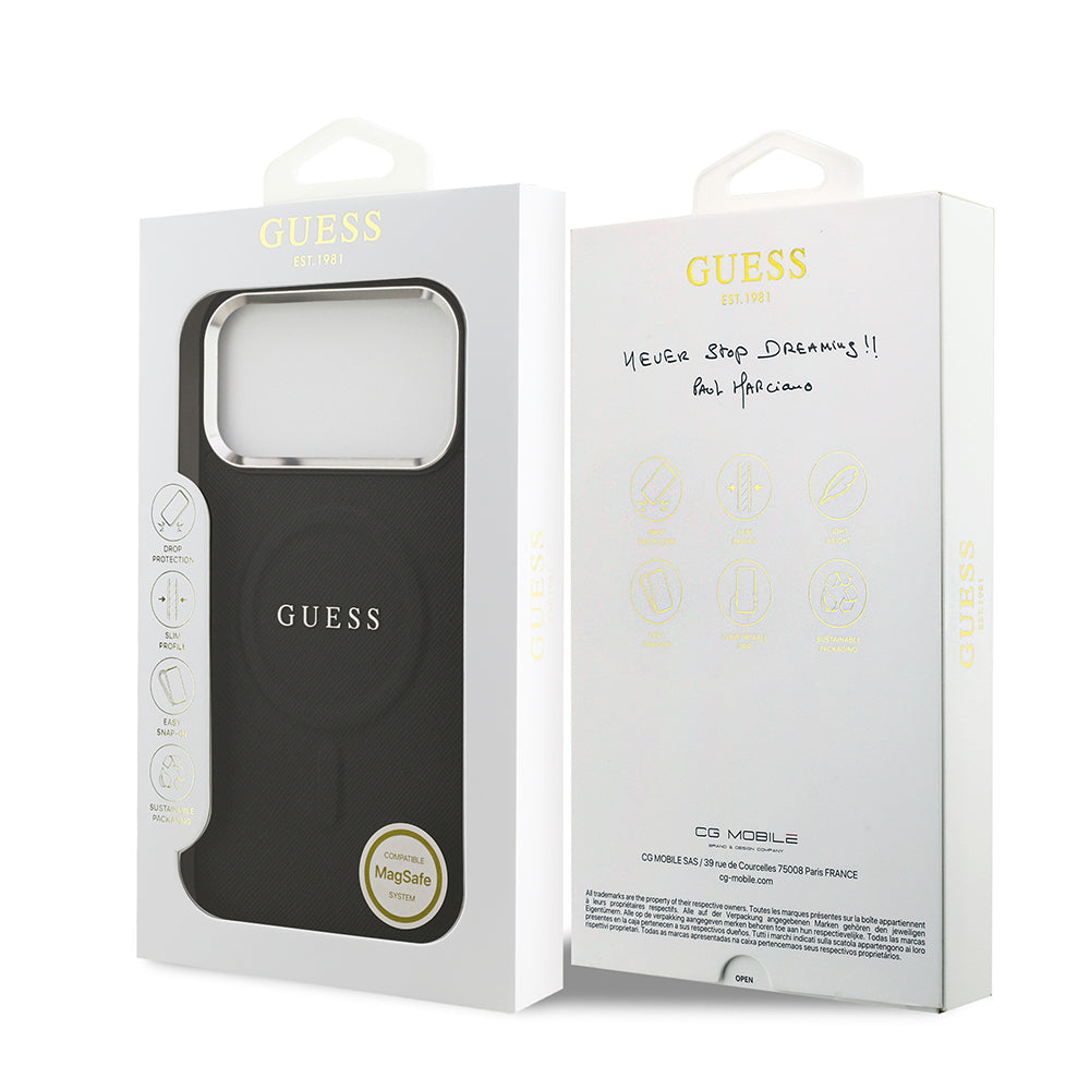 iPhone 17 Pro Max Kılıf Guess Orjinal Lisanslı M-safe Şarj Özellikli Klasik Yazı Logolu PU Deri Kapak